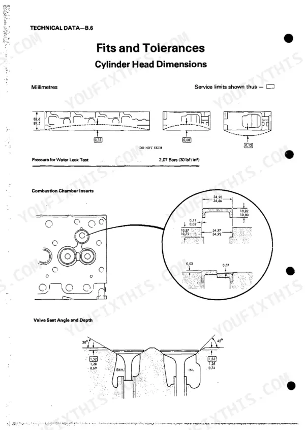 Perkins 4.165, 4.165 Diesel Engine cylinder head dimensions, combustion chamber insert specs, and valve seat tolerances.