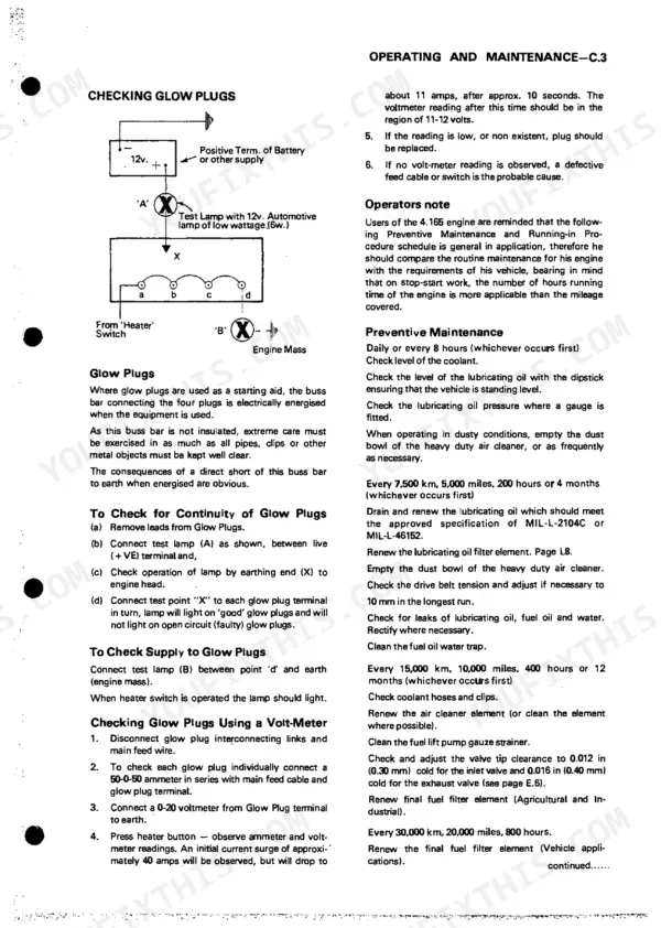 Perkins 4.165, 4.165 Diesel Engine glow plug testing diagram, continuity check procedures, and preventive maintenance schedule.