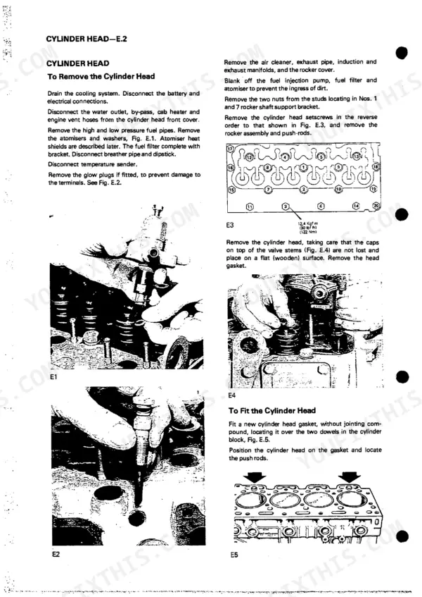 Perkins 4.165, 4.165 Diesel Engine cylinder head removal and installation procedure with bolt tightening sequence diagram.