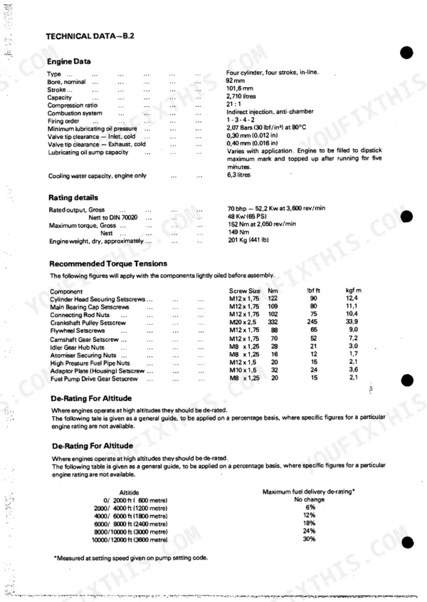 Perkins 4.165, 4.165 Diesel Engine technical data, engine specifications, torque settings, and altitude de-rating table.