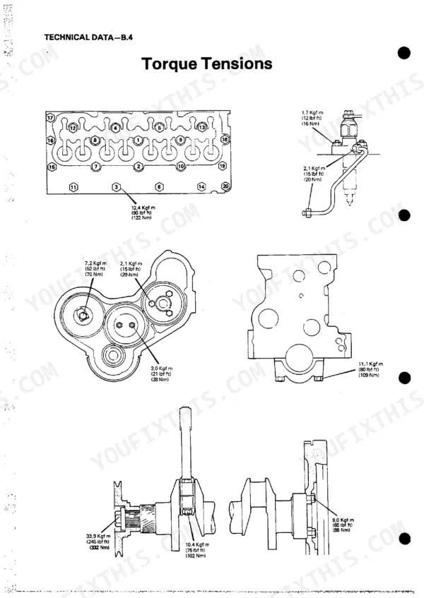 Perkins 4.165, 4.165 Diesel Engine torque tension diagrams for cylinder head, fuel injector, gears, and crankshaft.