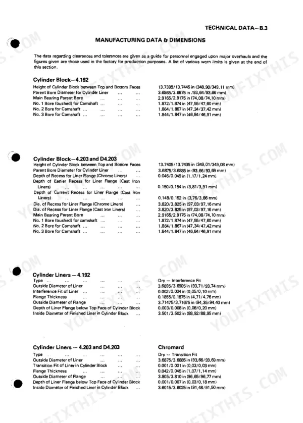 Perkins 4.192, 4.203, D4.203 manufacturing data table showing cylinder block and liner dimensions and clearances.