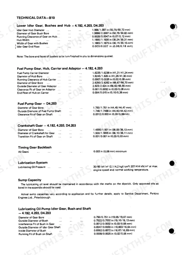 Perkins 4.192, 4.203, D4.203 technical data table for timing gears, oil pump, and lubrication system specifications.