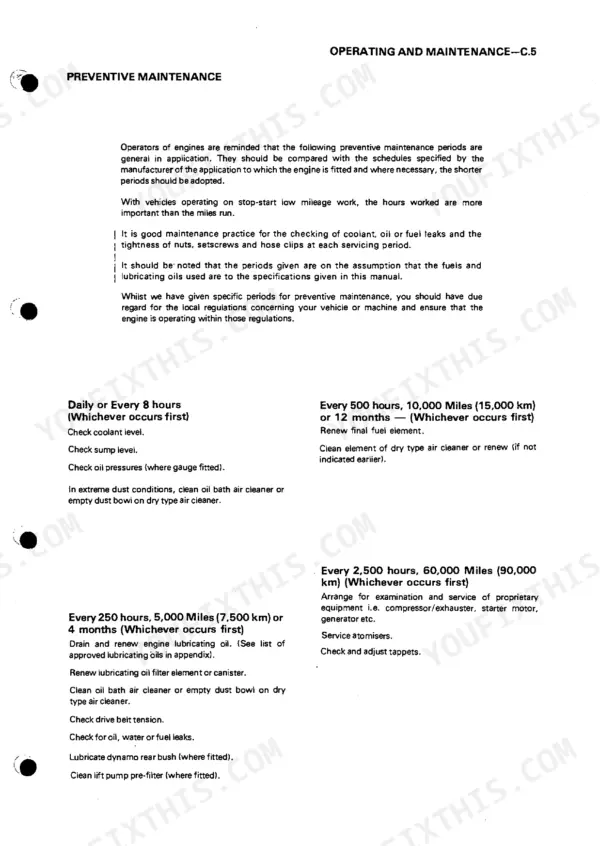 Perkins 4.192, 4.203, D4.203 preventive maintenance schedule listing service intervals for oil, filters, and engine checks.