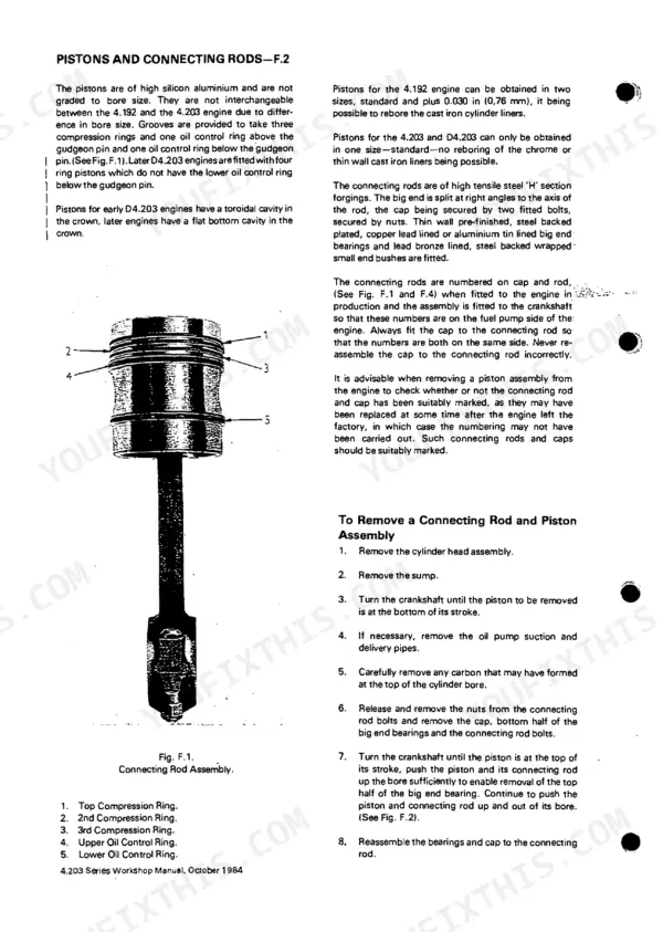 Perkins 4.192, 4.203, D4.203 piston and connecting rod assembly diagram, specifications, and removal procedures.