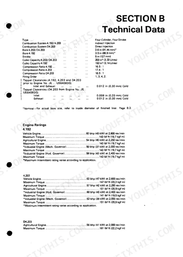 Perkins 4.192, 4.203, D4.203 technical data table showing engine specifications, tappet clearances, and engine ratings.