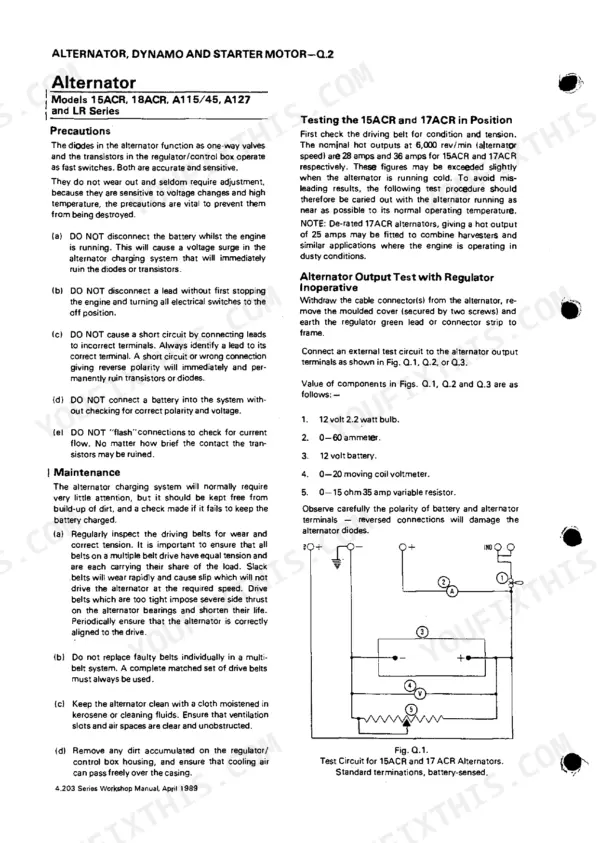 Perkins 4.192, 4.203, D4.203 alternator testing procedures, maintenance precautions, and output test circuit diagram.