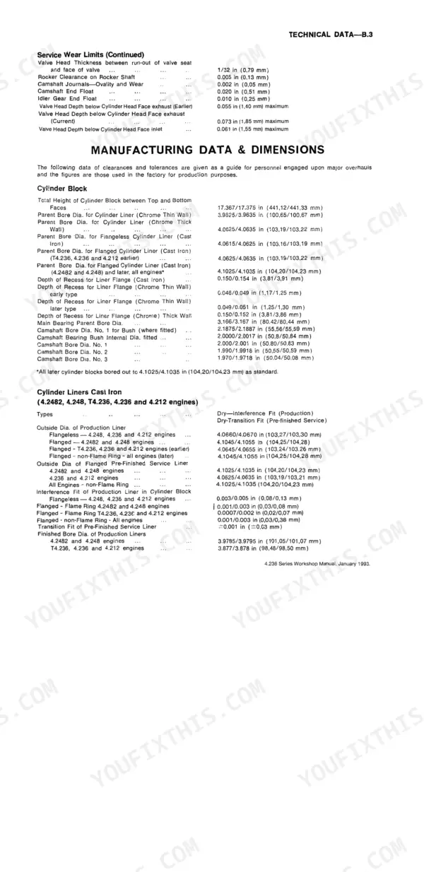 Perkins 4.2482, 4.236, 4.212 engine technical data table showing cylinder block dimensions, wear limits, and liner specifications.