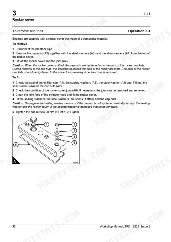 Perkins 4.41, Model LM rocker cover removal and fitting procedure with component diagram and torque specs.