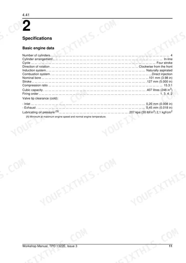 Perkins 4.41, Model LM basic engine data specifications table including bore, stroke, and valve clearances.
