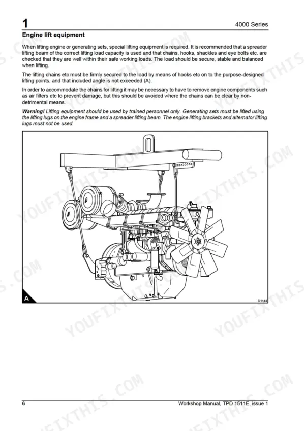 Perkins 4006-23 TAG Series engine lifting equipment diagram and safety procedures.