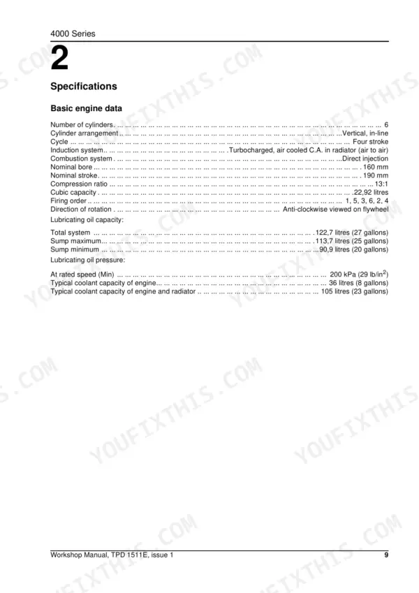 Perkins 4006-23 TAG Series basic engine data specifications table including oil and coolant capacities.