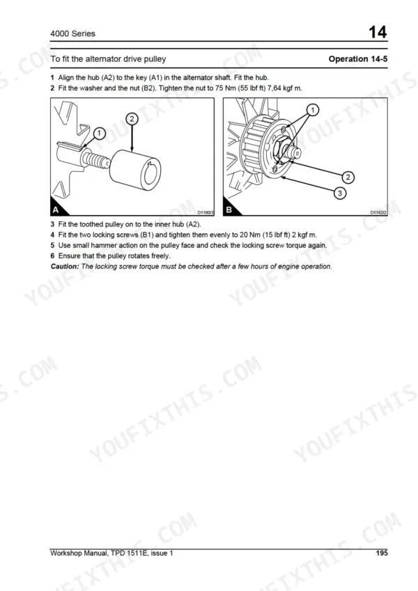 Perkins 4006-23 TAG Series procedure to fit the alternator drive pulley with torque specs.