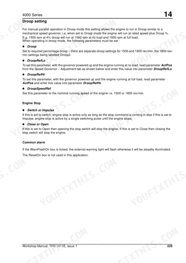 Perkins 4006-23 TAG Series manual page covering droop setting, engine stop, and common alarm parameters.