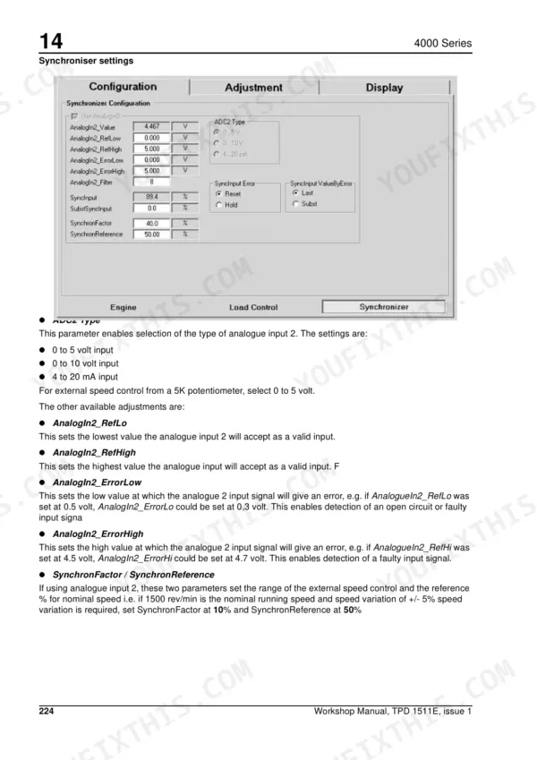 Perkins 4006-23 TAG Series Synchroniser settings configuration and adjustment menu screen