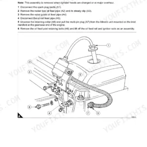 Perkins 4006 and 4008, 4000 Series: Valve gear oil feed pipe and ignition coil support removal procedure and diagram.