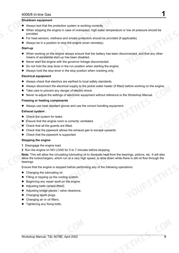 Perkins 4006 and 4008 engine safety procedures for shutdown, start-up, electrical, exhaust, and engine stopping operations.