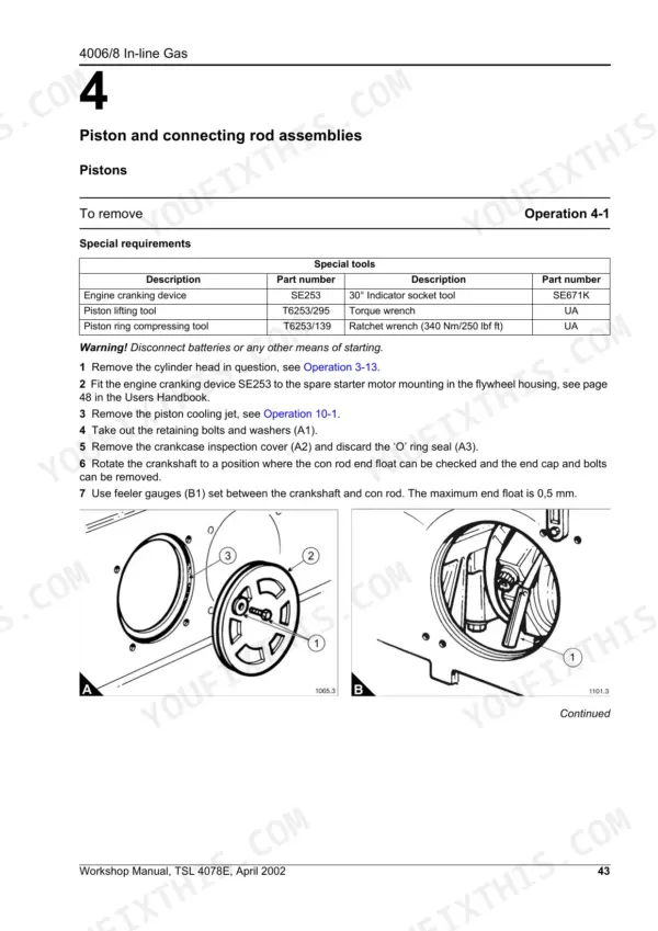 Perkins 4006 and 4008, 4000 Series: Piston and connecting rod removal procedure, special tools table, and diagrams.