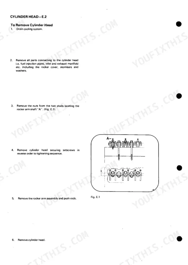 Perkins 6.247 cylinder head removal procedure with rocker arm shaft diagram E.1 showing stud locations.