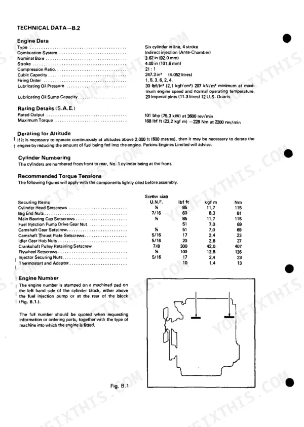 Perkins 6.247 engine technical data, torque specifications table, and engine number location diagram.