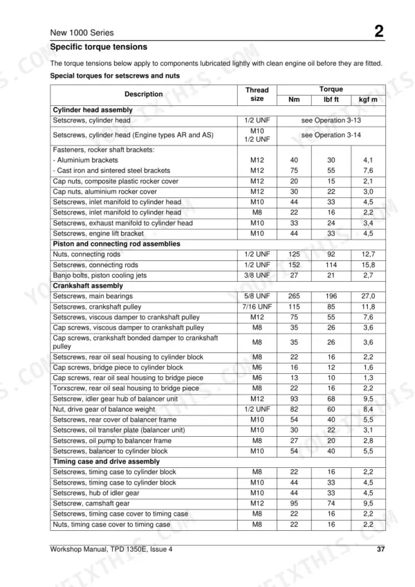Perkins New 1000, Perkins New 1000, AJ to AS, YG to YK: Table of specific engine torque tensions for fasteners and nuts.