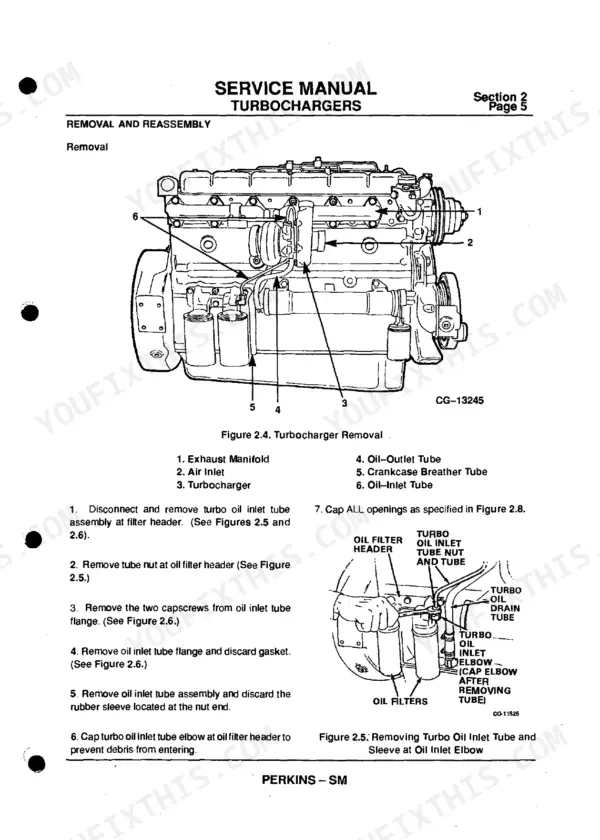 Perkins Peregrine, 1300 Series turbocharger removal procedure, oil inlet tube removal diagram, and component list.