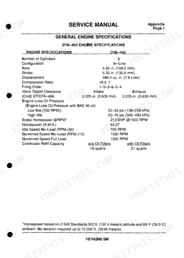 Perkins Peregrine, 1300 Series service manual page showing DTA-466 engine specifications, bore, stroke, and oil capacity.