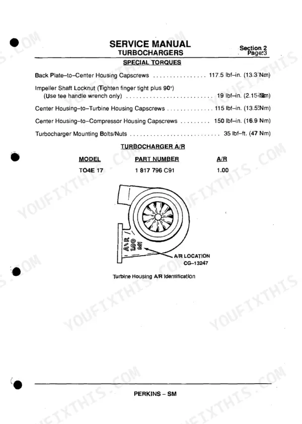 Perkins Peregrine, 1300 Series turbocharger torque specifications table and turbine housing A/R identification diagram.