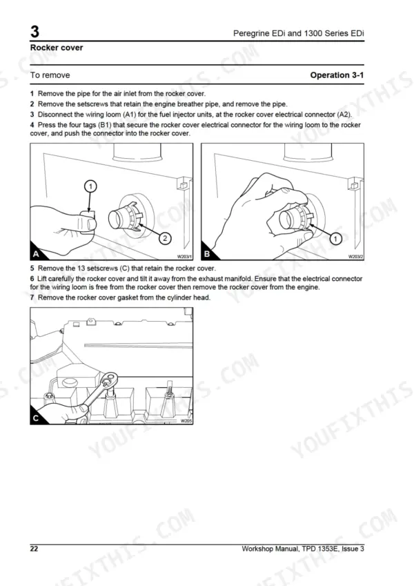 Perkins Peregrine EDi rocker cover removal procedure, including electrical connector disconnection and setscrew removal steps.