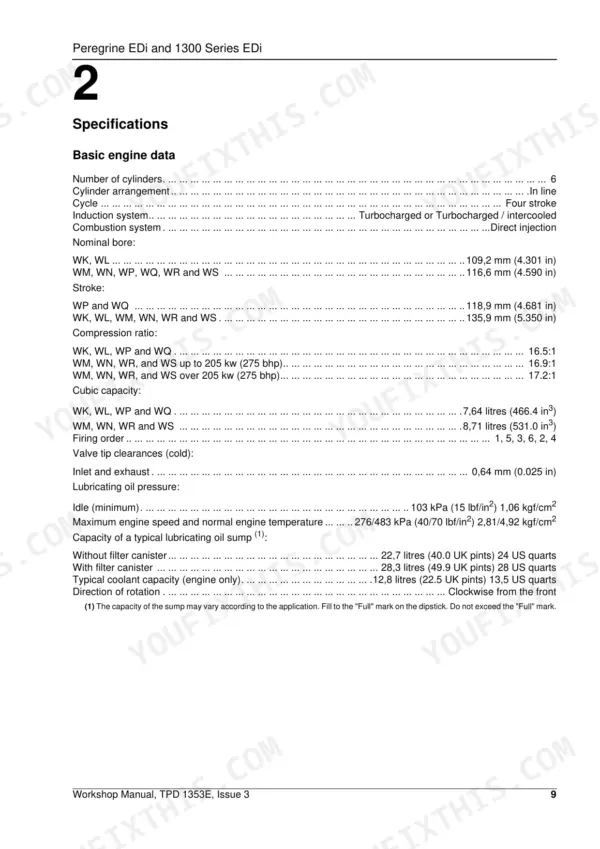 Perkins Peregrine EDi and 1300 Series EDi basic engine data specifications table including bore, stroke, and oil capacity.