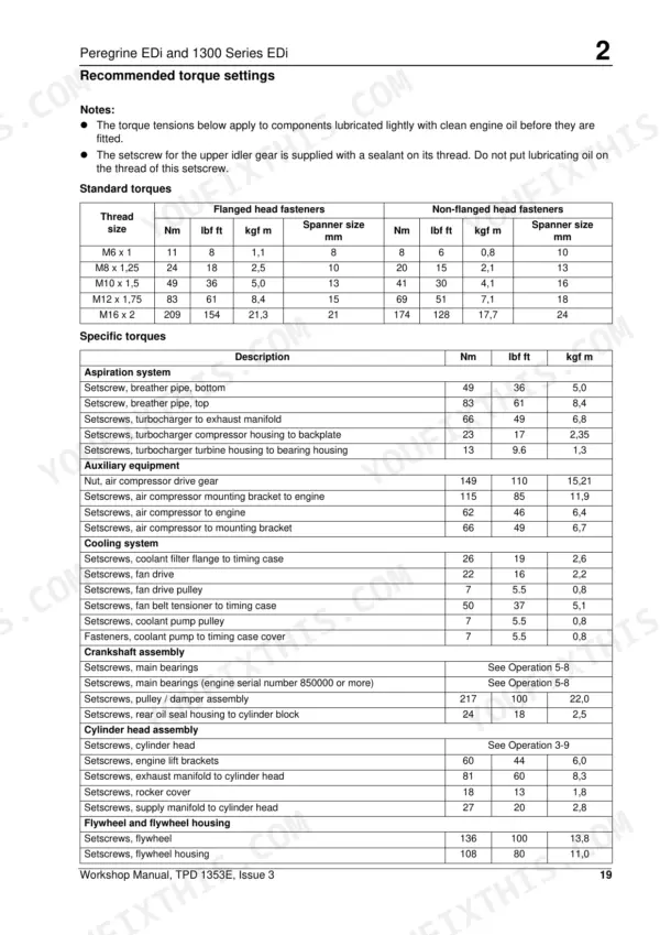Perkins Peregrine EDi and 1300 Series EDi engine torque settings table for standard and specific fasteners.