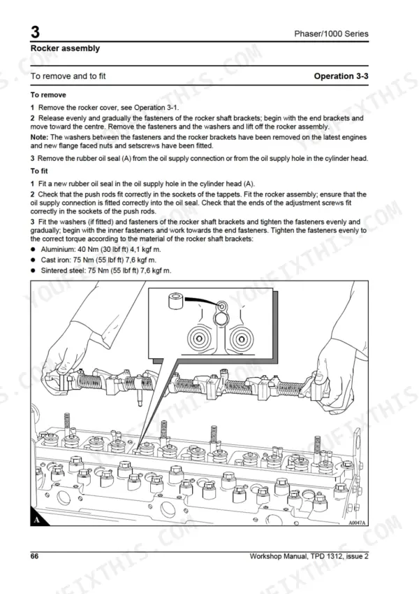 Perkins Phaser, 1000 Series rocker assembly removal and fitting procedure with torque specifications and oil seal diagram.