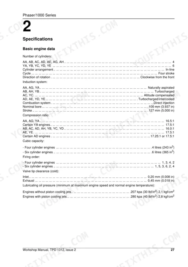 Perkins Phaser, 1000 Series basic engine data specifications table including bore, stroke, compression, and firing order.