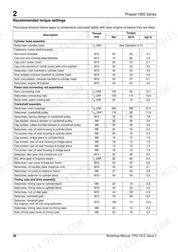 Perkins Phaser, 1000 Series engine recommended torque settings table for cylinder head, piston, crankshaft, and timing case.