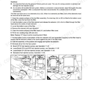 Perkins Phaser, 1000 Series fuel filter element renewal procedure and diagrams for separate element type filters.