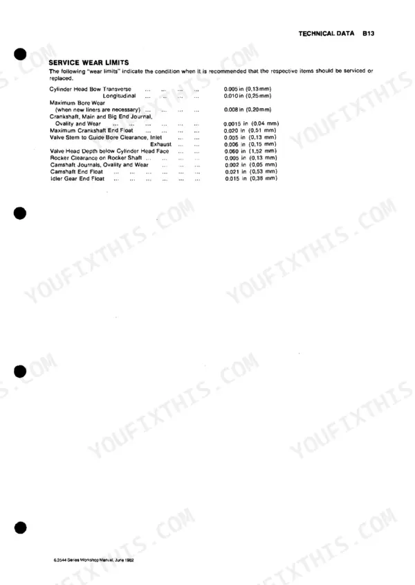 Perkins T6.3544, 6.3544, 6.3724, H6.3544, HT6.3544, M135, M165T, M200Ti, M240Ti, M275Ti, 6HD100, 6HD150T, 6HD185T service wear limits table.