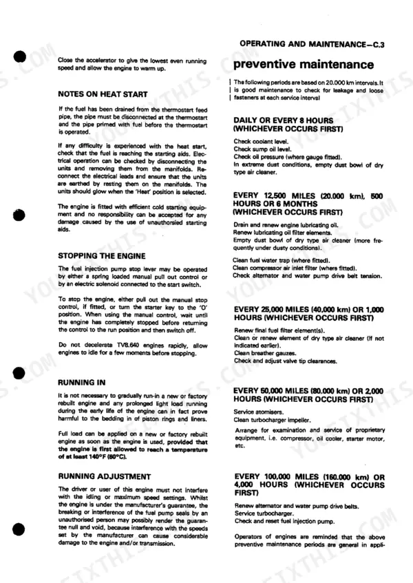 Perkins V8.640, TV8.640, AV8.640, ATV8.640 preventive maintenance schedule, stopping procedures, and running-in instructions.