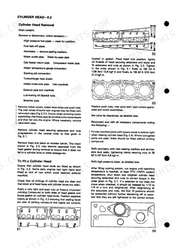 Perkins V8.640, TV8.640, AV8.640, ATV8.640 cylinder head removal and installation procedure with bolt torque sequence diagrams.