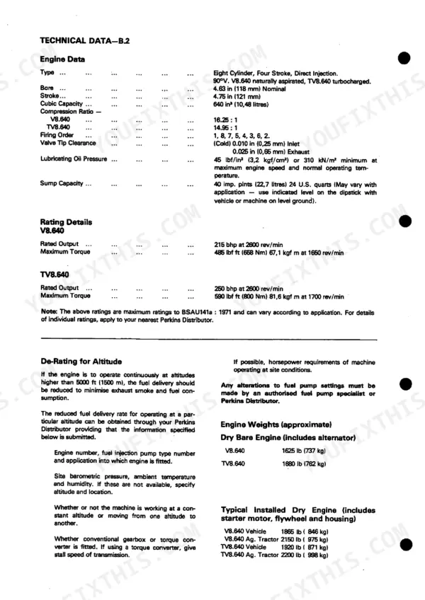 Perkins V8.640, TV8.640, AV8.640, ATV8.640 technical data table including engine specs, ratings, and dry weights.