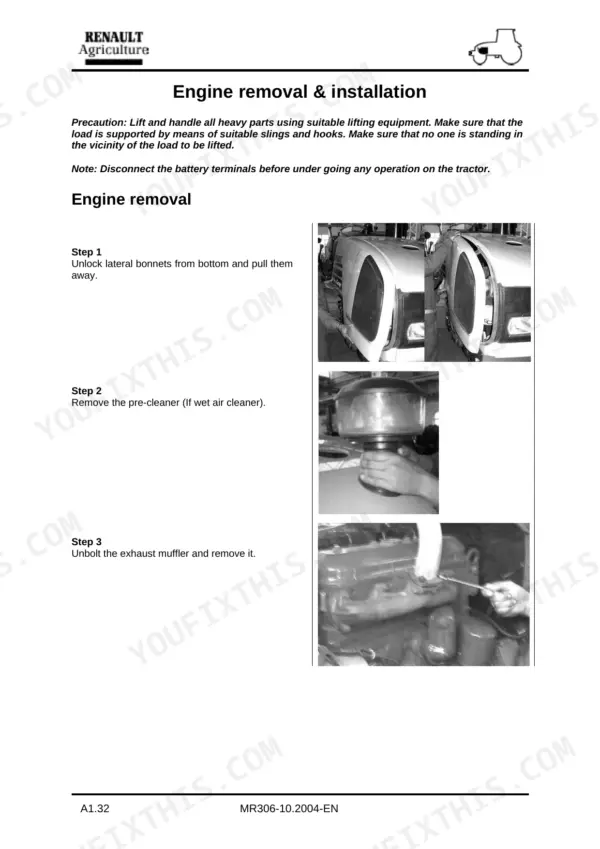 Renault Ceres 326/336/346 engine removal procedure: bonnet, air pre-cleaner, and exhaust muffler removal.