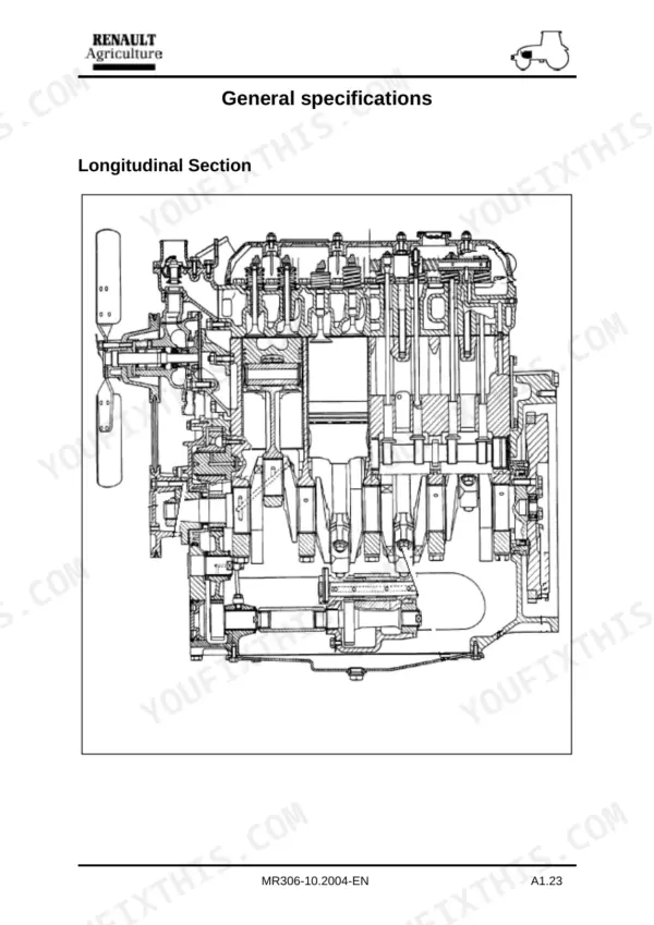Renault Ceres 326/336/346 longitudinal section diagram of the tractor engine internal components.