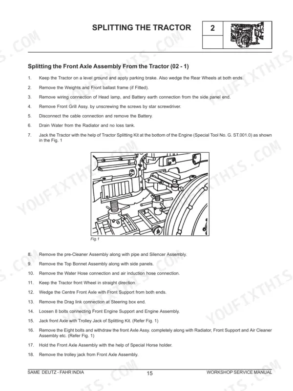 Same 393, 453, 503, 603: Procedure for splitting the front axle assembly from tractor.