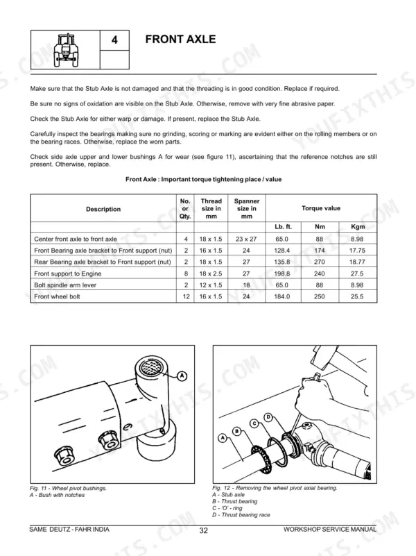 Same 393, 453, 503, 603 front axle inspection procedures and torque specification table.