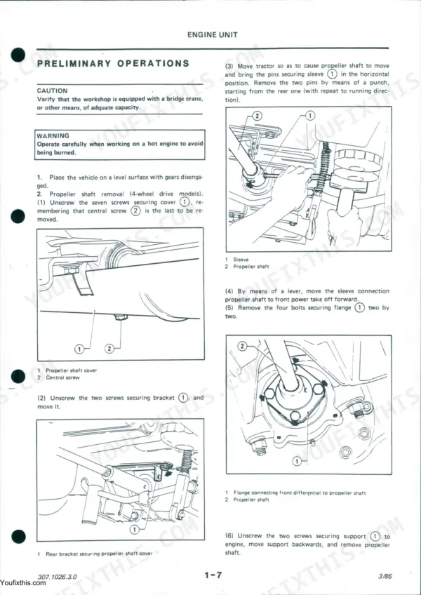 Same 90, 100, 110, 130, 150, 170 engine unit procedures for propeller shaft removal and component diagrams.
