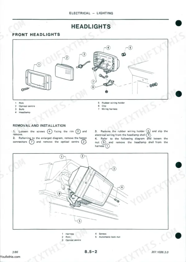 Same 90, 100, 110, 130, 150, 170 front headlight exploded view, removal and installation procedure manual page.