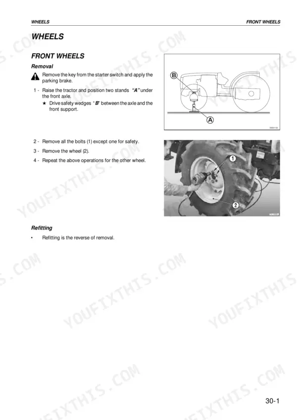 Same Dorado, Power Shuttle front wheel removal and refitting procedure with safety stand diagram.