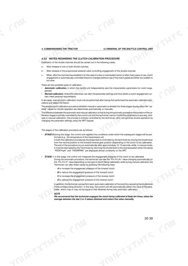 Same Dorado Power Shuttle clutch calibration procedure notes, stages 0 and 1, and manual adjustment instructions.