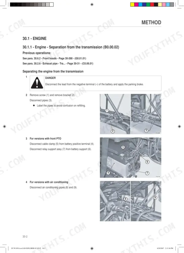 Same EXPLORER 3 85, EXPLORER 3 100 engine separation from transmission procedure with component photos.