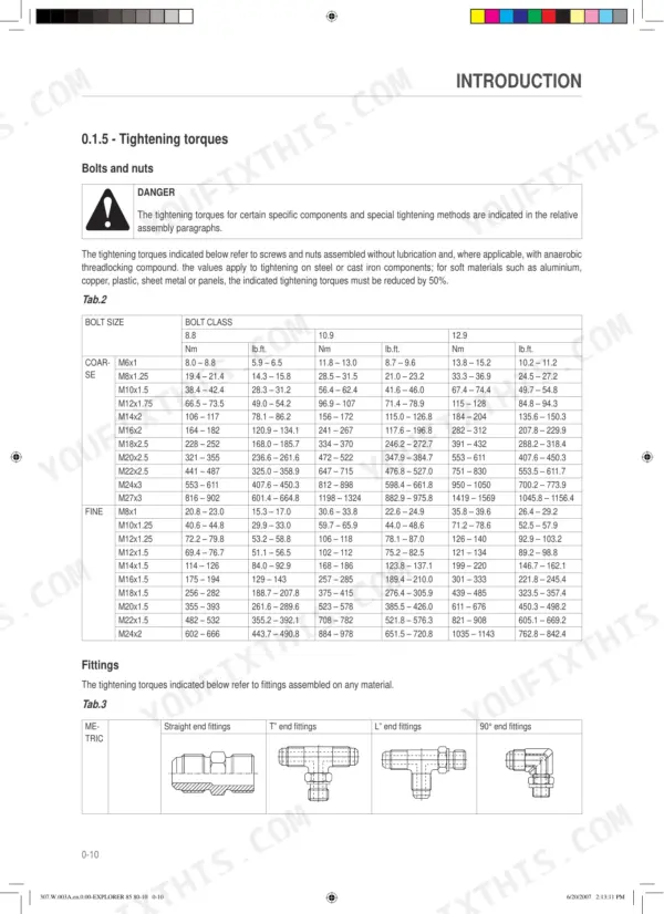 Same EXPLORER 3 85, EXPLORER 3 100 tightening torque table for bolts, nuts, and metric hydraulic fittings.
