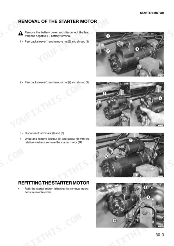 Same Rubin 160-200 starter motor removal and refitting procedure with numbered component photos.